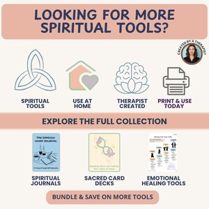 K&ouml;nnte beinhalten: Werbung f&uuml;r spirituelle Werkzeuge, darunter Journale, Kartendecks und Werkzeuge zur emotionalen Heilung. Das Bild zeigt den Text "Auf der Suche nach mehr spirituellen Werkzeugen?" und "Entdecken Sie die gesamte Kollektion."