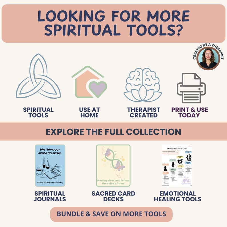 K&ouml;nnte beinhalten: Werbung f&uuml;r spirituelle Werkzeuge, darunter Journale, Kartendecks und Werkzeuge zur emotionalen Heilung. Das Bild zeigt den Text "Auf der Suche nach mehr spirituellen Werkzeugen?" und "Entdecken Sie die gesamte Kollektion."
