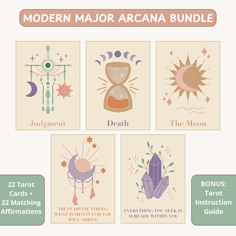 Printable Tarot Deck Bundle: 44 Printable Major Arcana & Affirmation Cards, Suitable for Beginners (PDF)