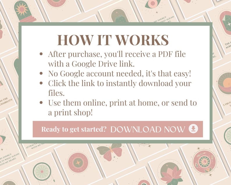 Digital sacred geometry tarot deck with 22 Major Arcana cards and visual guide. Modern printable PDF for beginner women. Includes card back, designed in a minimalist boho style. Instantly downloadable in A4 and US Letter formats.