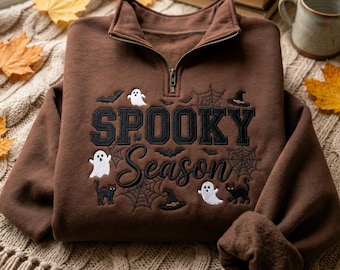 Sudadera con cremallera de un cuarto bordada para la temporada de Halloween, sudadera con estampado de fantasmas, murciélagos, gatos y telarañas, sudadera otoñal con temática de brujas, regalo de Halloween