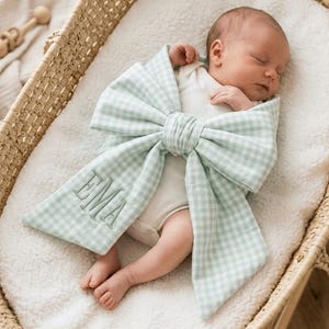 May include: A sleeping baby wrapped in a light green and white gingham bow-shaped blanket, embroidered with the initials "EMA". The baby rests in a woven wicker bassinet lined with a fluffy white blanket.