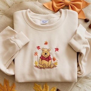 EMBROIDERED Disney Pooh Sweatshirt, Pooh Bear Fall Shirt, Cozy Autumn Leaves Crewneck, Disney Thanksgiving Shirt, Winnie The Pooh Pullover