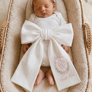 Può includere: Un body bianco per neonati con un grande fiocco in tessuto bianco sul davanti. Il fiocco presenta un ricamo rosa a forma di ghirlanda floreale con il monogramma ARD e il nome Anahi Rose. Il neonato indossa una fascia rosa chiaro con un fiocchetto.
