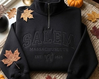 Sudadera con cremallera de un cuarto de Salem, Massachusetts, bordada; jersey de bruja con gato negro; suéter de Halloween para la temporada espeluznante; camiseta de bruja de Salem.
