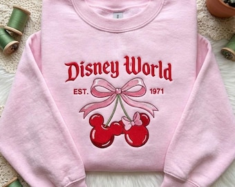 Sudadera con lazo de cereza bordado, sudadera Disney World EST. 1971, camisa con lazo de cereza de Mickey y Minnie, camisa retro Disney para niña