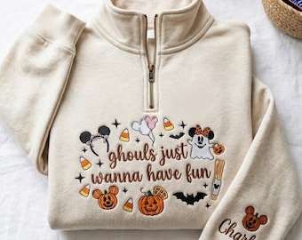 Sudadera con cremallera de un cuarto bordada de Halloween de Disney, jersey de Mickey y Minnie con fantasmas, "Los fantasmas solo quieren divertirse", suéter de Halloween personalizado