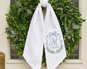 Banda para corona de boda bordada personalizada, lazo para puerta con monograma y fecha, decoración personalizada para la puerta principal, recuerdo de boda, regalo para despedida de soltera
