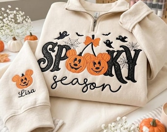 Sudadera Disney de Halloween bordada con cremallera hasta el cuarto, jersey de Mickey y Minnie con calabaza, sudadera de fantasmas de la temporada espeluznante, suéter de fantasmas de Disney