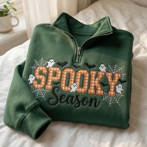 EMBROIDERED Spooky Season Quarter Zip Sweatshirt, Halloween Ghost Shirt, Pumpkin Patch Pullover, Ghost Bat Halloween Quarter Zip