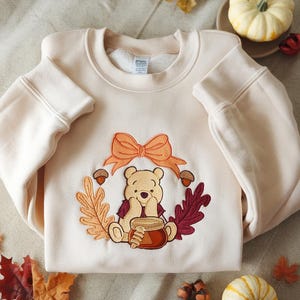 Pooh Bear Fall Embroidered Sweatshirt, Honey Pot Autumn Crewneck, Disney Fall Sweater, Fall Leaf Shirt, Cozy Winnie The Pooh Fall Shirt