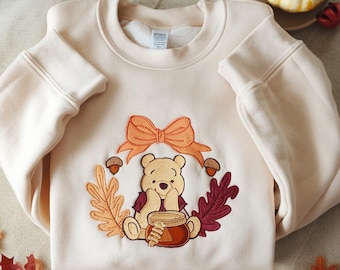 Pooh Bear Fall Embroidered Sweatshirt, Honey Pot Autumn Crewneck, Disney Fall Sweater, Fall Leaf Shirt, Cozy Winnie The Pooh Fall Shirt