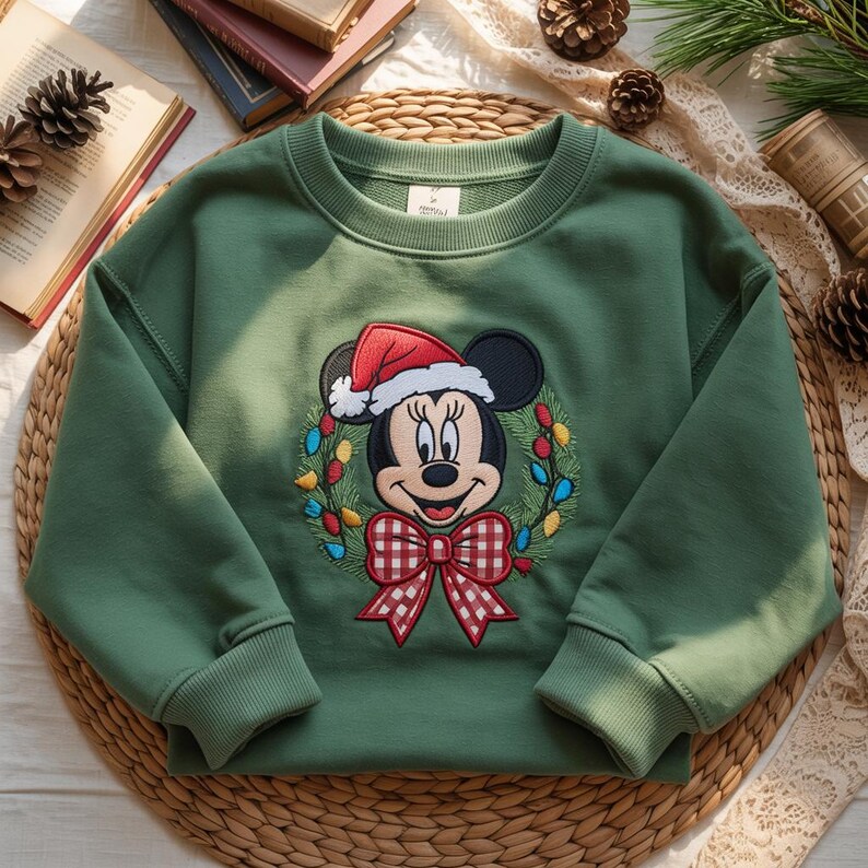 May include: A green sweatshirt featuring an embroidered Minnie Mouse design. Minnie is wearing a Santa hat and surrounded by a Christmas wreath. A red and white checkered bow is below her face. The sweatshirt has long sleeves and a crew neck.