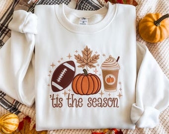Embroidered Cozy Fall Sweatshirt, Pumpkin Spice Latte Shirt, Tis The Season Shirt, Touchdown Fall Sweatshirt, Thanksgiving Sweatshirt