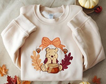 Pooh Bear Fall Embroidered Sweatshirt, Honey Pot Autumn Crewneck, Disney Fall Sweater, Fall Leaf Shirt, Cozy Winnie The Pooh Fall Shirt
