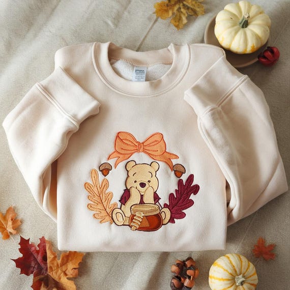 Pooh Bear Fall Embroidered Sweatshirt, Honey Pot Autumn Crewneck, Disney Fall Sweater, Fall Leaf Shirt, Cozy Winnie The Pooh Fall Shirt