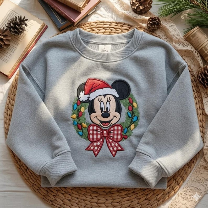 May include: A light gray sweatshirt featuring a festive Minnie Mouse design. Minnie is wearing a Santa hat and is surrounded by a wreath with colorful lights and a red and white checkered bow. The sweatshirt has long sleeves.