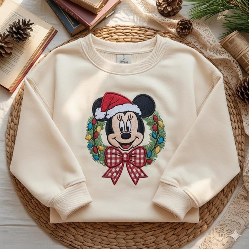 May include: Cream-colored sweatshirt featuring an embroidered Minnie Mouse design. Minnie is wearing a Santa hat and is surrounded by a wreath of lights and greenery. A red and white checkered bow is at the bottom of the wreath. The sweatshirt has long sleeves and a crew neck.