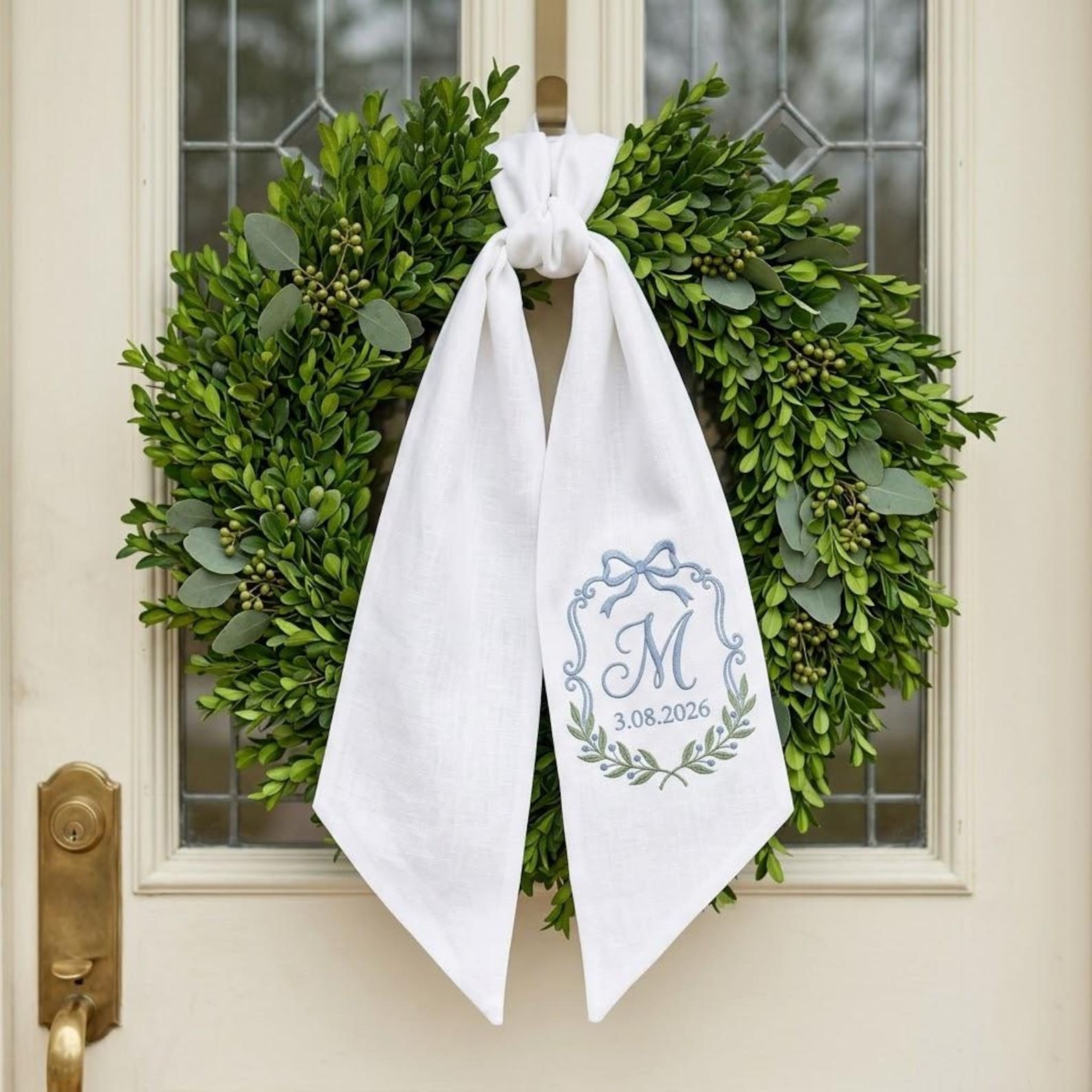 Personalized Embroidered Wedding Wreath Sash, Monogram Date Door Bow, Custom Name Front Door Decor, Wedding Keepsake, Bridal Shower Gift - White