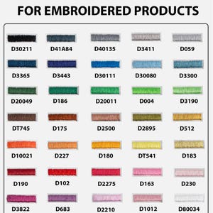 May include: A color chart titled NEW STITCH COLORS FOR EMBROIDERED PRODUCTS, displaying thirty-five rectangular swatches of embroidery thread in various shades, each labeled with a unique alphanumeric code such as D30211, D41A84, and D80034.