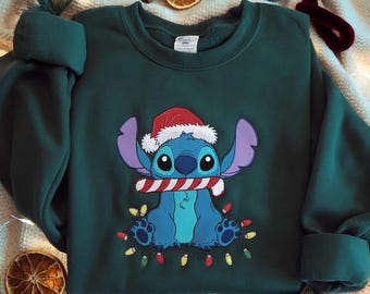 EMBROIDERED Stitch Christmas Sweatshirt, Disney Holiday Shirt, Lilo and Stitch Xmas Sweater, Festive Stitch Crewneck, Stitch Lights Shirt