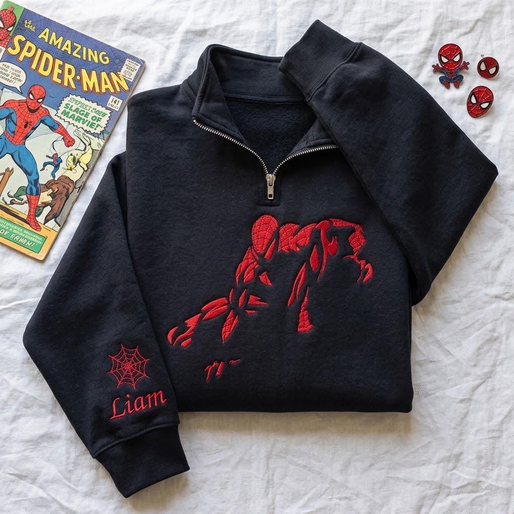 SPIDERMAN スパイダーマン／フルジップ 長袖フリース（ブラック）／刺繍 Spiderman zip hoodie - Etsy 日本