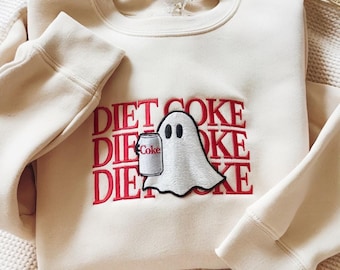 Besticktes Diet Coke Ghost Sweatshirt, lustiges Halloween Shirt, gruseliges Geist Shirt, Herbst gemütlicher Pullover, Geist Grafik T-Shirt, gruselige Saison