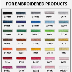 May include: A color chart displaying new stitch colors for embroidered products. The chart features a variety of thread colors, each labeled with a unique code. Colors range from black and gray to vibrant hues like orange, red, and pink, and also includes shades of green, blue, and yellow.