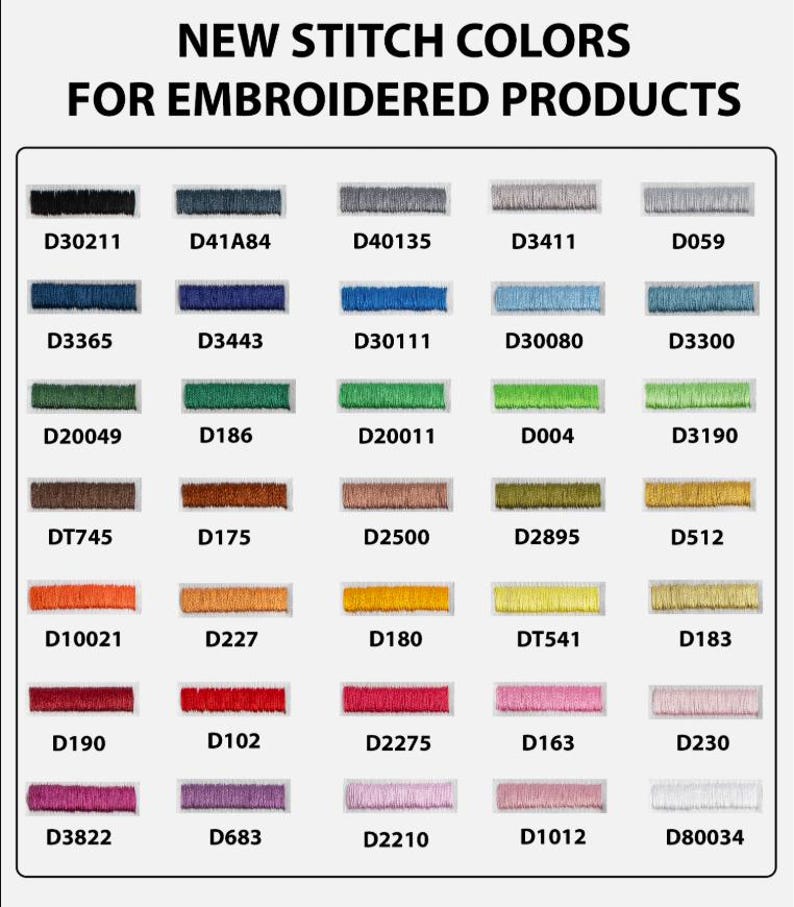 May include: A color chart displaying new stitch colors for embroidered products. The chart features a variety of thread colors, each labeled with a unique code. Colors range from black and gray to vibrant hues like orange, red, and pink, and also includes shades of green, blue, and yellow.