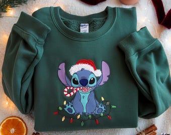 EMBROIDERED Stitch Christmas Lights Sweatshirt, Disney Holiday Shirt, Stitch Xmas Sweater, Lilo and Stitch Crewneck, Festive Stitch Shirt
