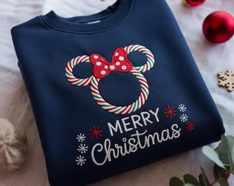 Felpa natalizia con bastoncino di zucchero di Minnie RICAMATA, maglione natalizio Disney, maglietta di Minnie con scritta "Buon Natale", Natale di Minnie, regalo di Natale Disney