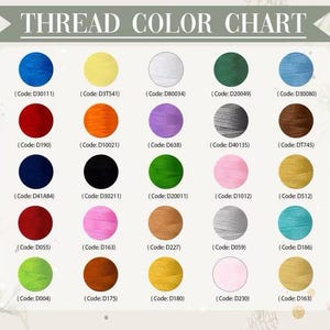 May include: A thread color chart with a variety of thread colors, each displayed in a circular swatch. The chart includes a range of colors, from blues and reds to greens and yellows, with corresponding color codes. The text "THREAD COLOR CHART" is at the top.