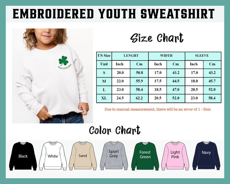 May include: White embroidered youth sweatshirt with a green shamrock and the text "Lucky Little Boss". The image includes a size chart with measurements in inches and centimeters, and a color chart with options like black, white, and navy.