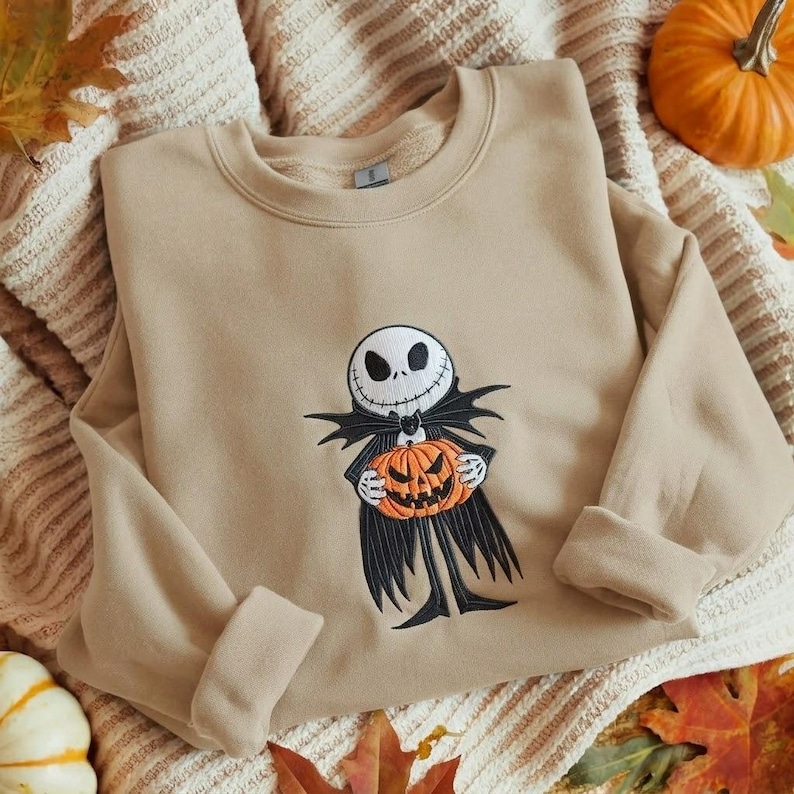 EMBROIDERED Jack Skellington Halloween Sweatshirt, Nightmare Before Christmas Crewneck, Halloween Pumpkin Hoodie, Disney Spooky Season Tee image 3