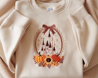 EMBROIDERED Coquette Bow Disney Fall Sweatshirt, Disney Castle Pumpkin Sweater,  Disney Thanksgiving  2025 Shirt, Magic Kingdom Shirt