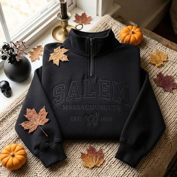 EMBROIDERED Salem Massachusetts Quarter Zip Sweatshirt, Black Cat Witch Pullover, Spooky Season Halloween Sweater, Salem Witch Shirt