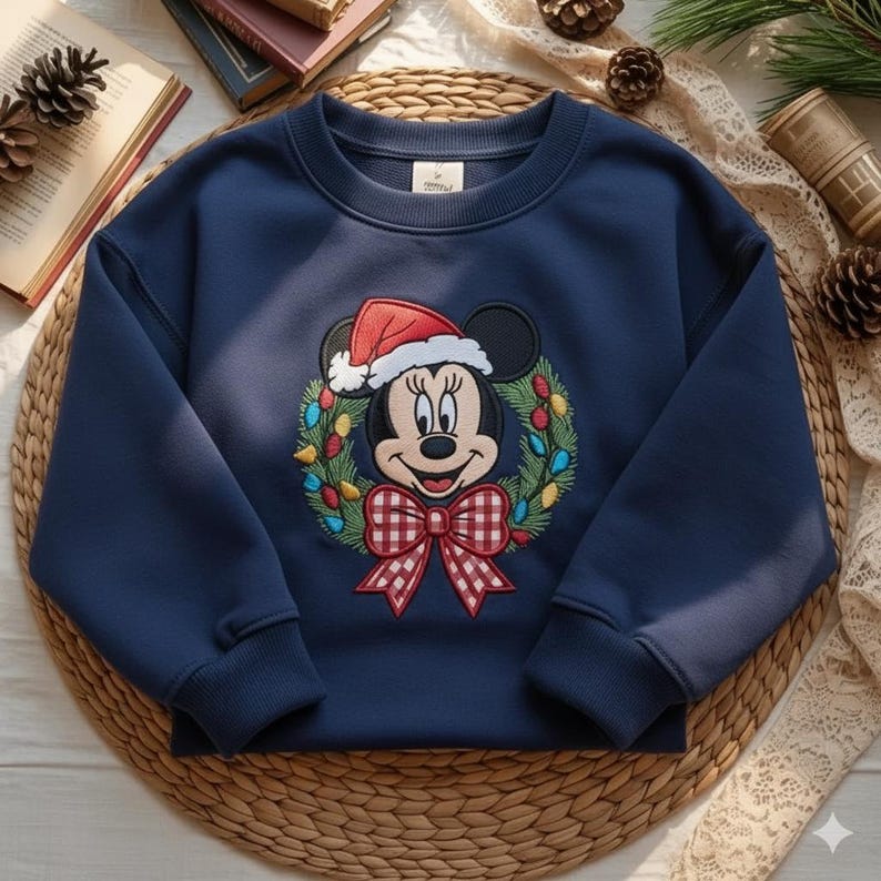 May include: Navy blue sweatshirt featuring a Minnie Mouse design. The design includes Minnie wearing a Santa hat, surrounded by a Christmas wreath with colorful lights and a red and white checkered bow. The sweatshirt is a crew neck style.