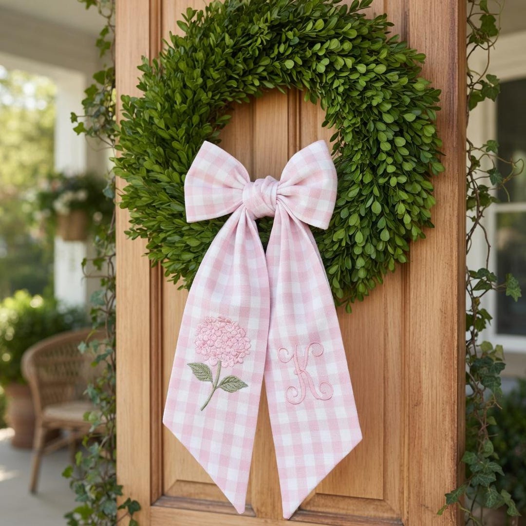 EMBROIDERED Hydrangea Pink Gingham Wreath Sash, Floral Wreath Bow, Personalized Initials Door Decor, Spring Front Door Bow - Blue Plaid