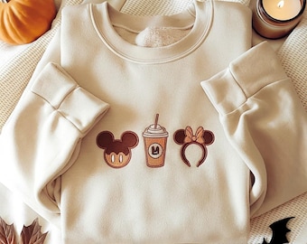 EMBROIDERED Minimalist Mickey Fall Sweatshirt, Disney Fall Sweater, Pumpkin Spice Crewneck, Minnie Coffee Shirt, Cozy Autumn Park Shirt