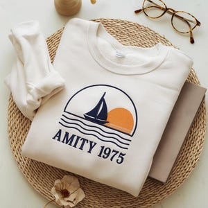 EMBROIDERED Amity 1975 Sweatshirt, Jaws Amity 1975 Shirt, Amity Island Shirt, Jaws Beach Shirt, Jaws 50th Anniversary Jaws 1975 Shirt