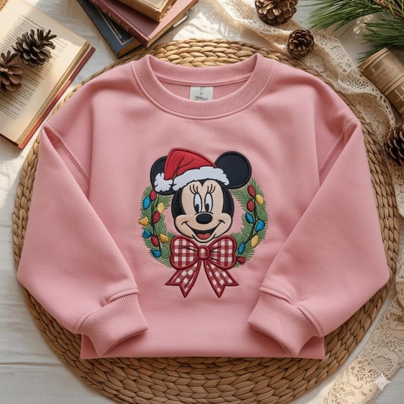 May include: A light pink sweatshirt featuring an embroidered Minnie Mouse design. Minnie is wearing a Santa hat and is surrounded by a Christmas wreath with colorful lights. A red and white checkered bow is at the bottom of the wreath.