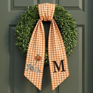 Halloween Skeleton Embroidered Wreath Sash, Jack O Lantern Fall Wreath Decor, Personalized Gingham  Sash, Custom Monogram Front Door Wreath