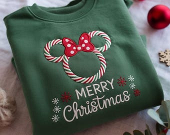 EMBROIDERED Peppermint Minnie Christmas Sweatshirt, Minnie Mouse Xmas Sweater, Disney Holiday Shirt, Candy Cane Christmas Shirt, Merry Xmas