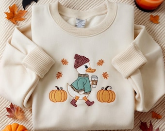 EMBROIDERED Fall Goose Sweatshirt, Autumn Coffee Goose Crewneck, Cute Goose Pumpkin Sweater, Cozy Fall Embroidery Shirt, Fall Graphic Tee