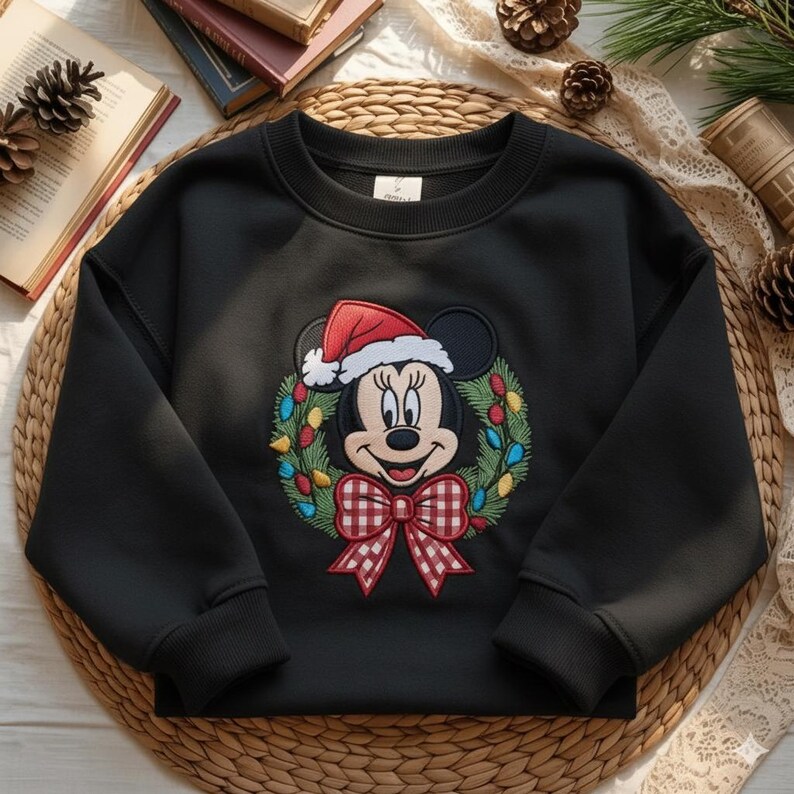 May include: Black sweatshirt featuring an embroidered Minnie Mouse design. Minnie is wearing a Santa hat and surrounded by a Christmas wreath with colorful lights. A red and white checkered bow completes the festive look.