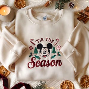 EMBROIDERED Mickey &#39;Tis the Season Christmas Sweatshirt, Disney Holiday Sweater, Mickey Mouse Xmas Crewneck, Mickey Merry Christmas Shirt