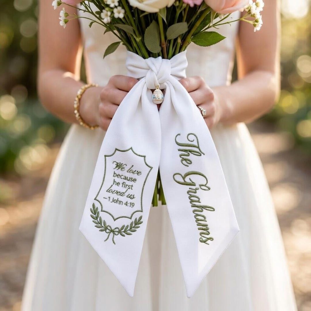 Scripture Verse Ribbon Custom Christian Wedding Bouquet Sash, Bride Bouquet Ribbon With Name ...