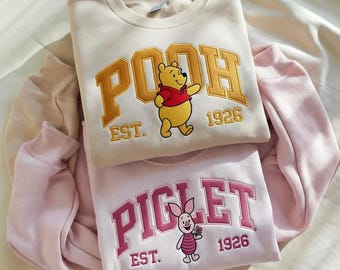 Sudaderas bordadas a juego de Pooh y Piglet, cuello redondo de Winnie the Pooh, camisetas de Disney para mejores amigos, conjunto de pareja de Disney, camiseta de oso Pooh