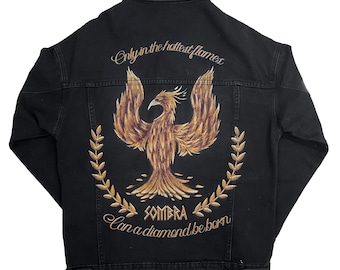 Phoenix Burn Now Shine Later Black Denim Jacket Streetwear Back Design Button Down Jean Jacket Custom Adjustable Outerwear Gift for Him