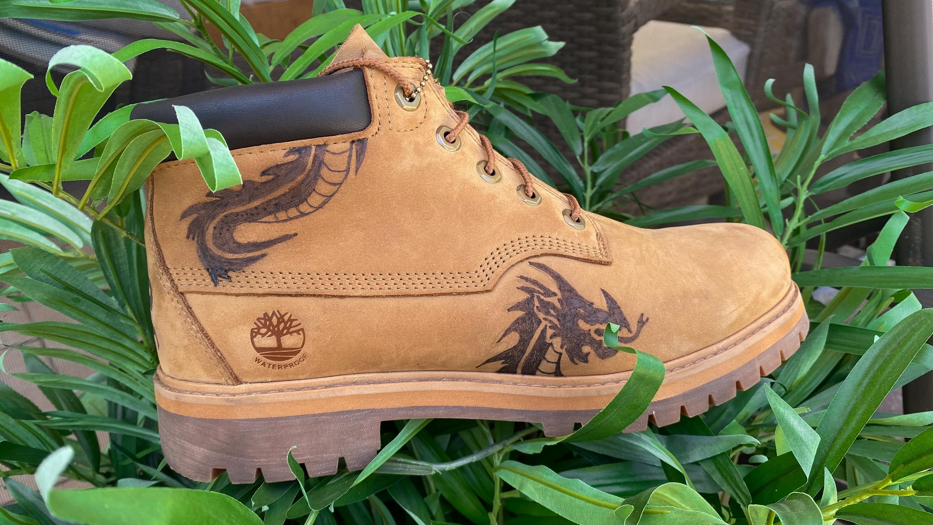 Custom Timberland Boots | Wood Burned Timbs | Personalized Boots | Hand Burned Shoes | Gift for Him | Streetwear Dragon | Fathers Day Gift